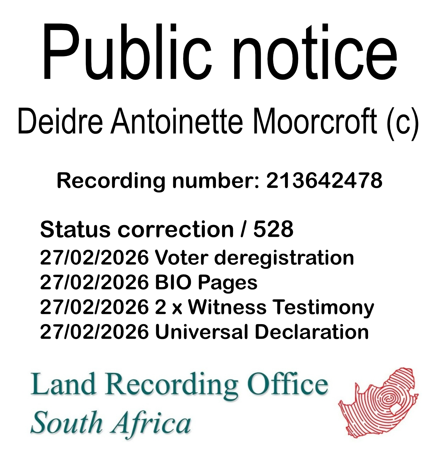 Public notice Deidre Antoinette Moorcroft (c) Recording number 213642478